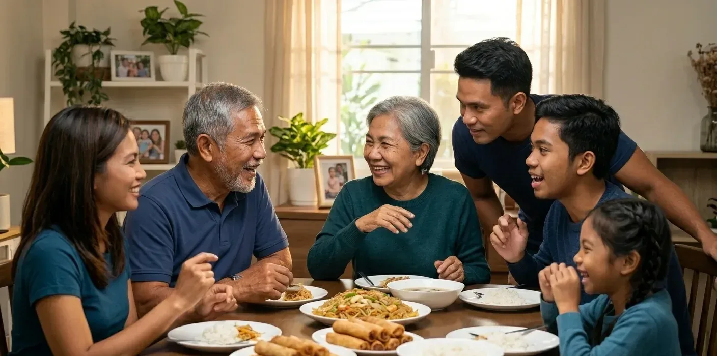Three generations of a family laughing together over a shared meal