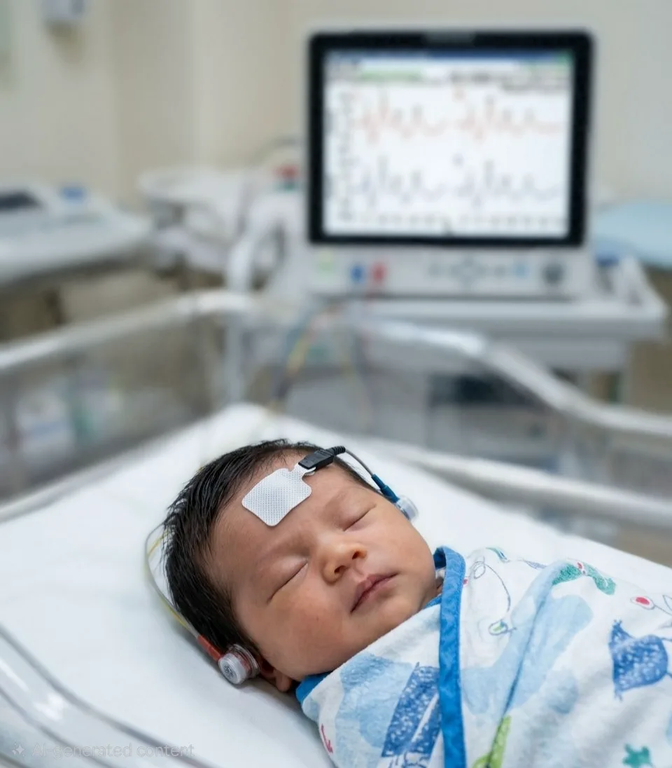 Infant undergoing an ABR/BAER and ASSR objective hearing test with electrodes