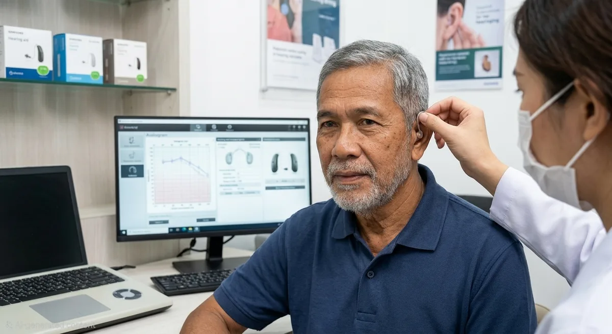 Audiologist fitting a hearing aid to a patient's ear