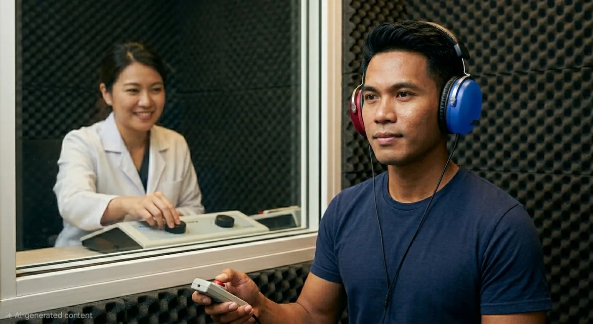 Patient wearing audiometric headphones in a sound-treated booth during a pure tone hearing test